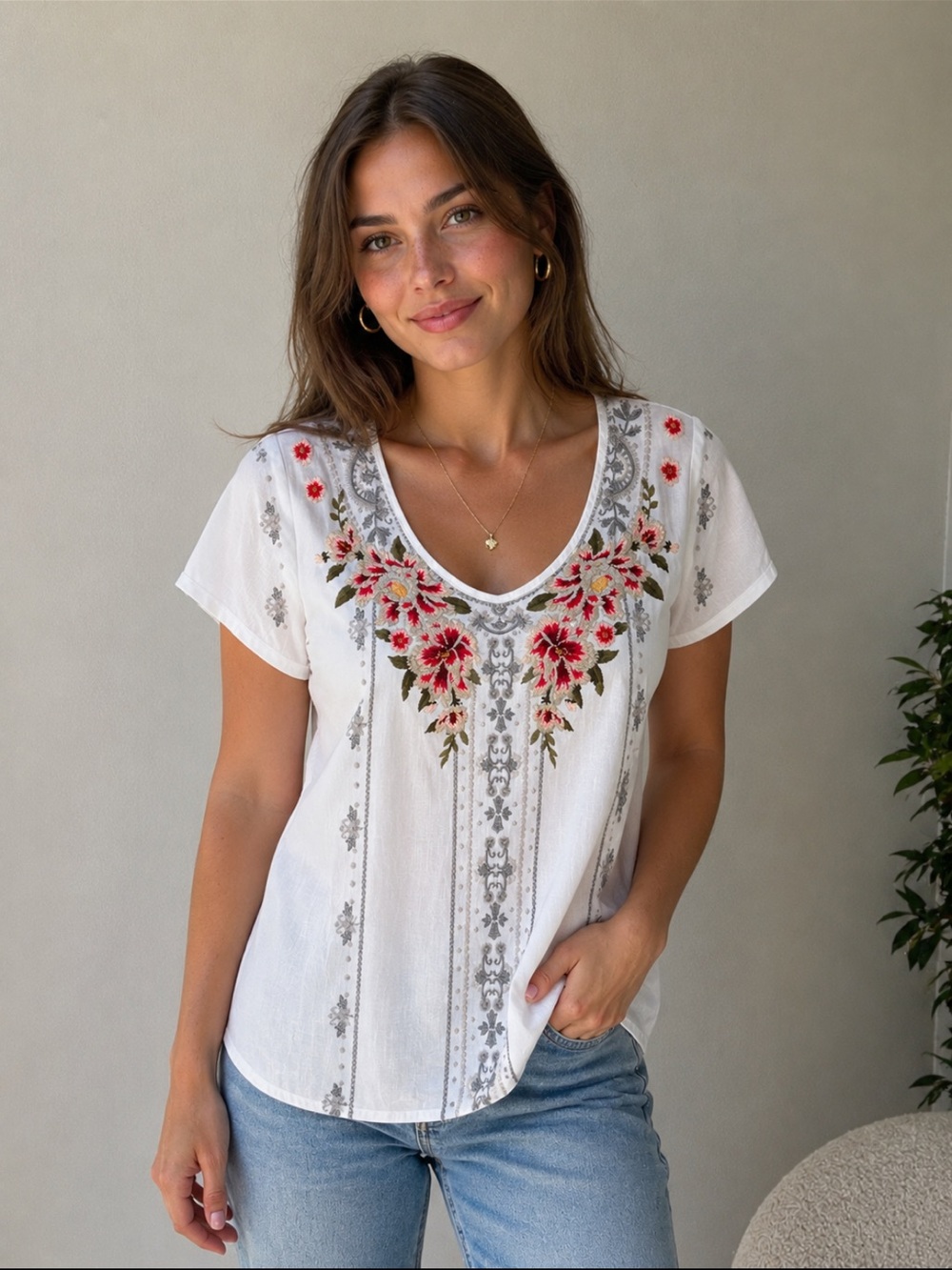 Johnny Was White Tunic with Pink and Red Floral Embroidery